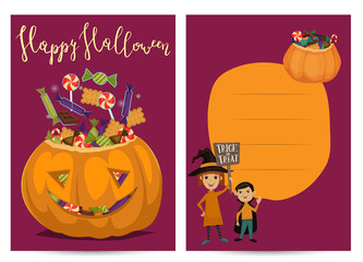 Happy Halloween party invitations with scary pumpkin head jack full of sweet candies and kids in carnival costumes, isolated cartoon vector illustration with space for text. Trick or treat concept.