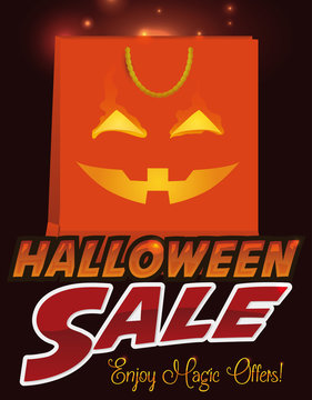 Shopping Bag with Pumpkin Design for Halloween Sale, Vector Illustration