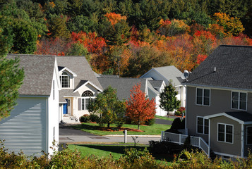 Fototapeta na wymiar houses in modern residential community with autumn colorful trees