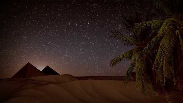 Seamless animation desert sand storm at night with palm trees, shining stars, and pyramids background landscape with sand hills desert in 4k ultra HD
