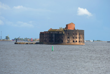 The old fort "Emperor Alexander I" (The Plague) in the Gulf of Finland, september day. Kronstadt