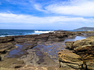 Fototapeta na wymiar Mudstone and sandstone rock platforms south coast, Australia.