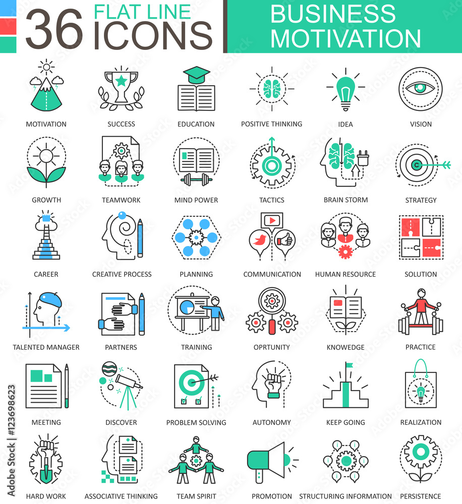 Poster vector business motivation discipline modern color flat line outline icons for apps and web design.