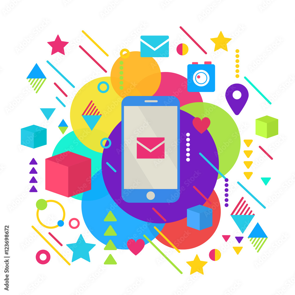 Poster abstract bright colorful mobile multimedia messages sending and smart technology flat concept templa