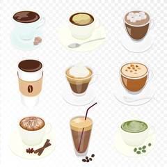 Obraz premium Set of different Vector Coffee cup and many kinds of coffee for cafe restaurant coffee menu isolated on the alpha transpetant background.