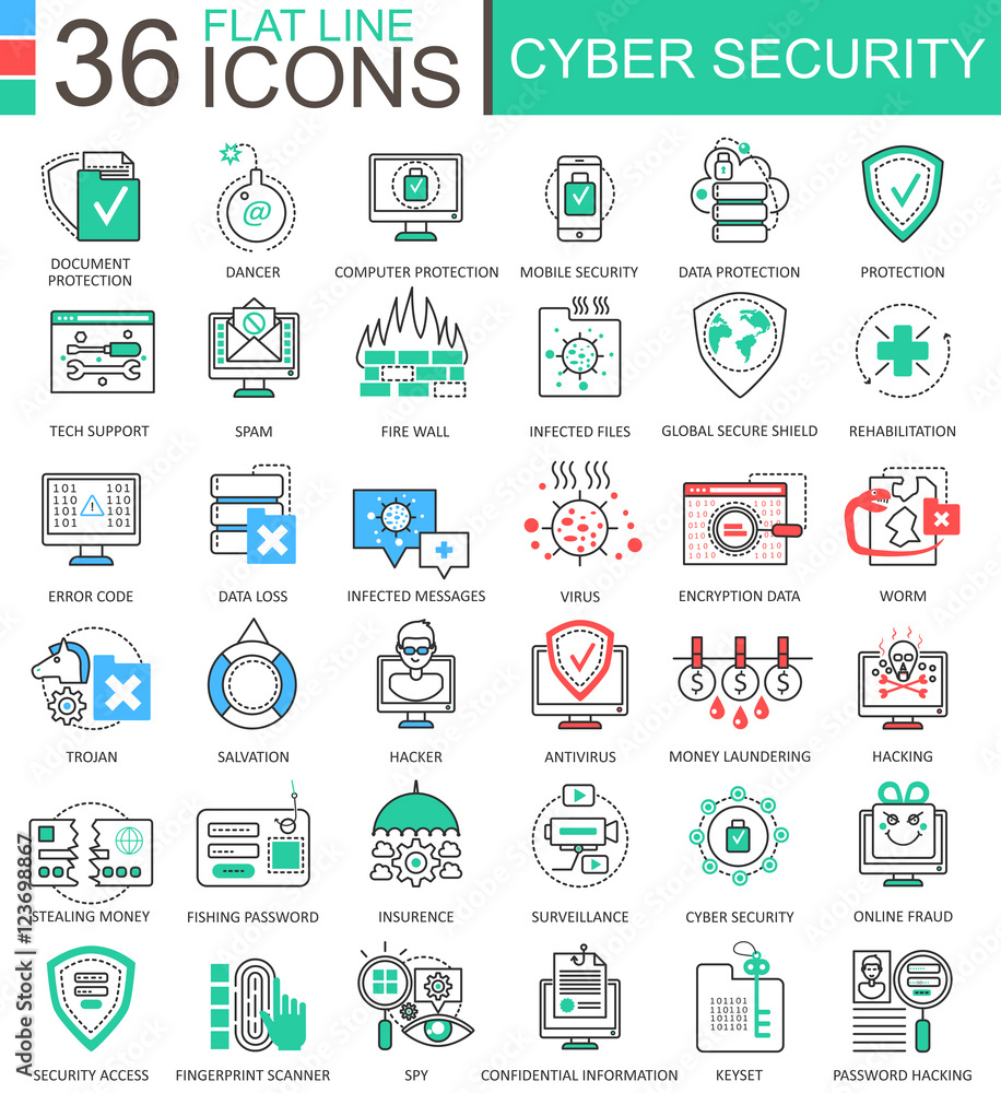 Poster Vector Cyber security modern color flat line outline icons for apps and web design.