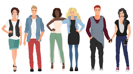 Handsome young guys with beautiful girls models couples in casual modern fashion clothes isolated. People couples.