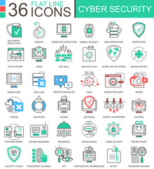 Vector Cyber security modern color flat line outline icons for apps and web design.