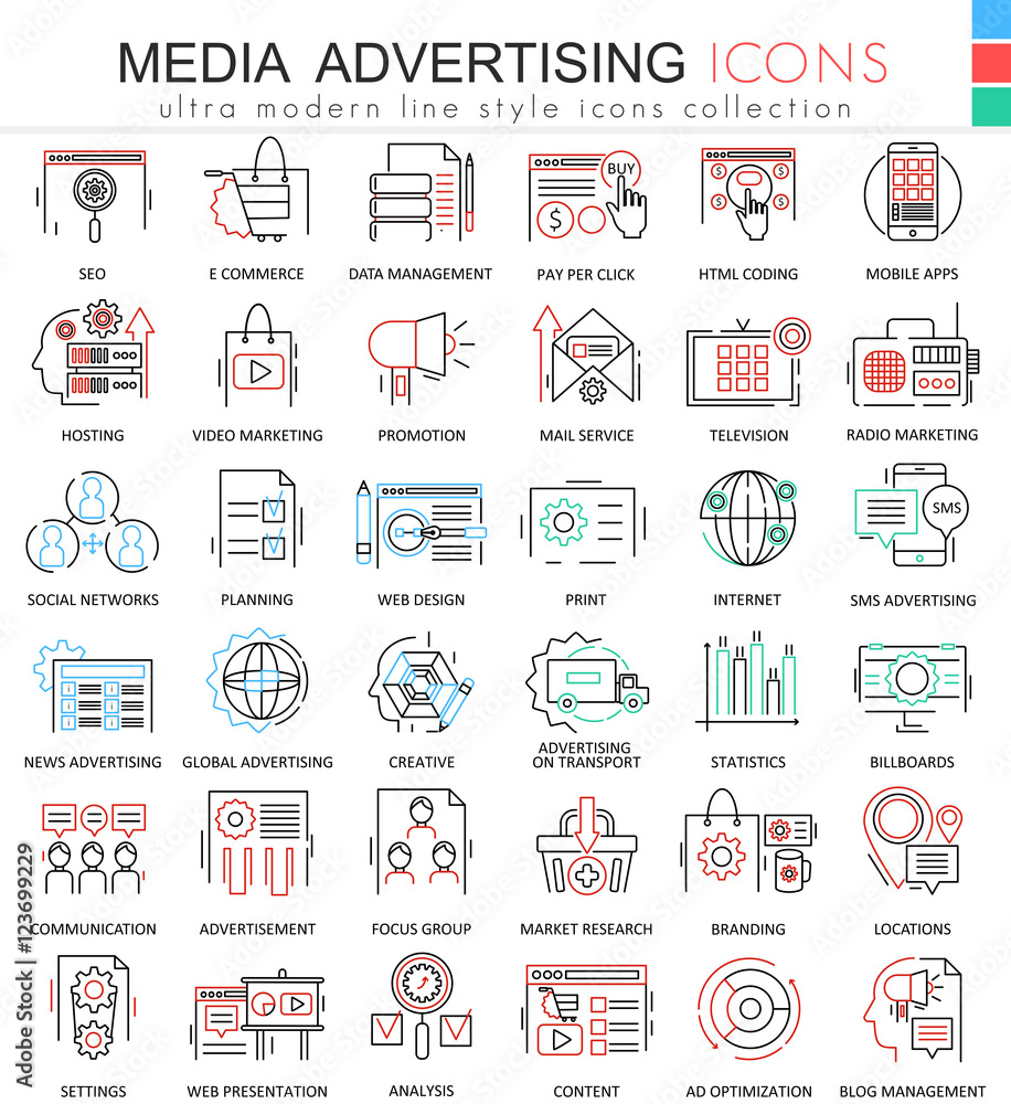 Poster vector media advertising ultra modern color outline line icons for apps and web design.