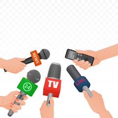 Interview news microphones and voice recorder in hands of reporters journalist press conference. Hot news banner template poster.