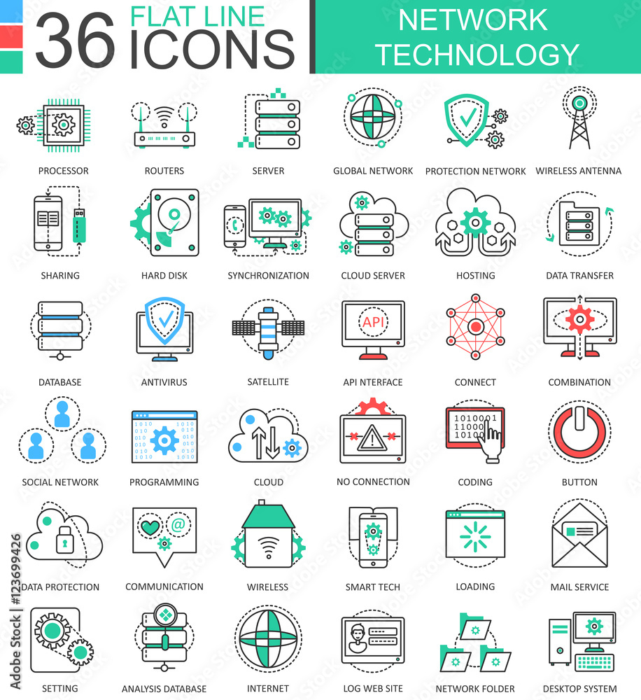 Aufkleber Vector Network technology modern color flat line outline icons for apps and web design.