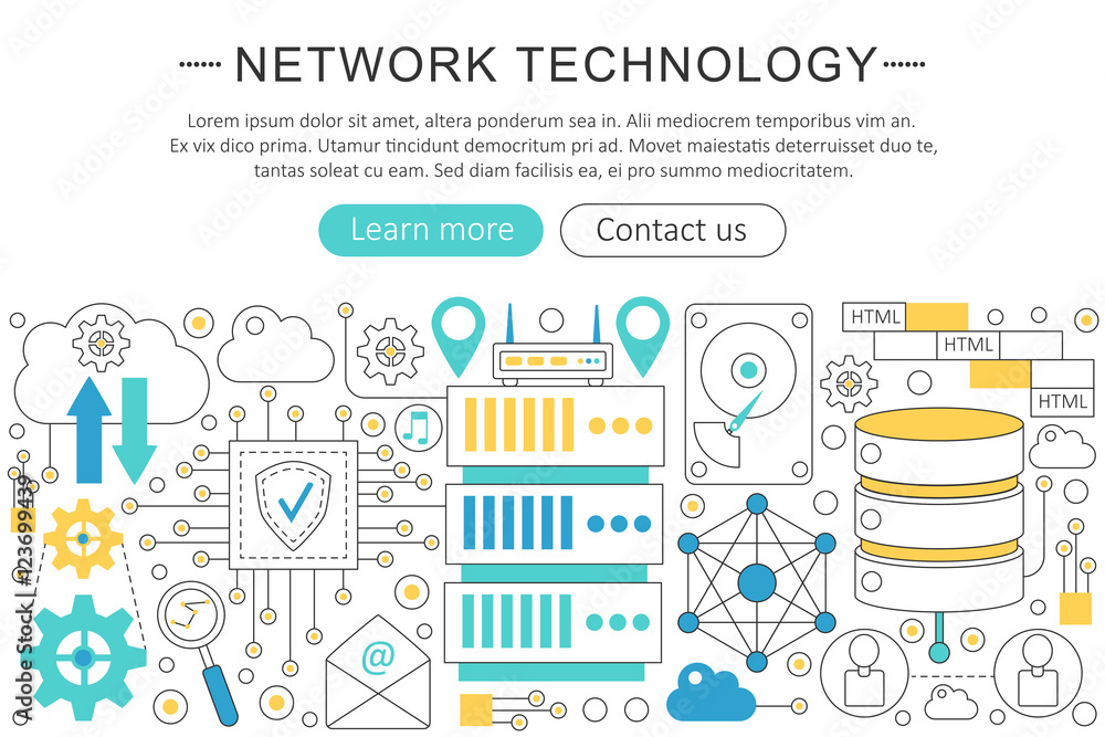 Aufkleber Vector elegant thin line flat modern Network technology concept. Website header banner elements layout. Presentation, flyer and poster.