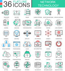 Vector Network technology modern color flat line outline icons for apps and web design.
