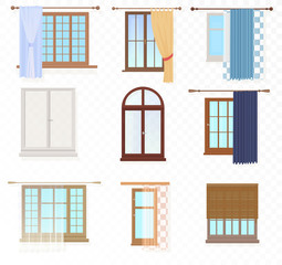 Set of high quality various Vintage Windows with curtains on the alpha transperant background.