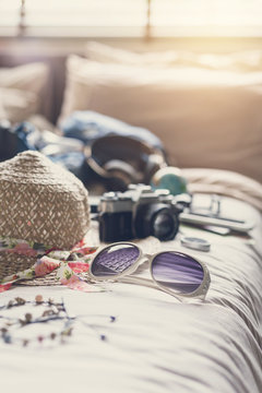 Full of things prepare to travel on holiday in bedroom