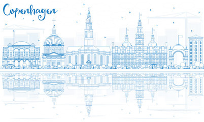 Outline Copenhagen Skyline with Blue Landmarks and Reflections.