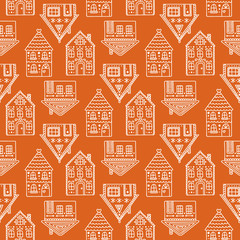 Gingerbread houses. Seamless pattern with gingerbread house. Cute christmas background. Brown colors. - 123700833