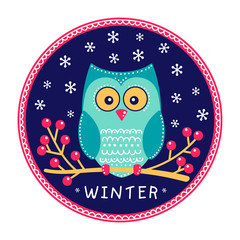 Winter round card. Vector hand drawn cute owl with doodle ornament. Nice flat design bird sitting on a branch with berries. Night owl on the dark background with white snowflakes. Isolated.