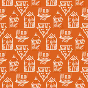 Gingerbread Houses. Seamless Pattern With Gingerbread House. Cute Christmas Background. Brown Colors.