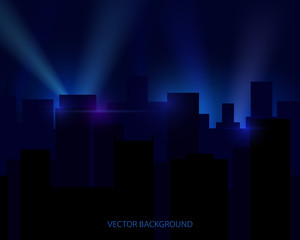 silhouette of houses, a city with spotlights. Vector dark background.