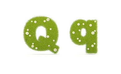 Natural green grass with camolines font. Letters Q q