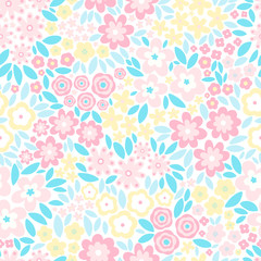 Vector seamless pattern with flat flowers and leaves. Cute floral background for your design. Pastel colors - light pink, yellow, blue elements on white backdrop.