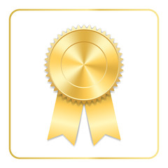 Award ribbon gold icon. Blank medal, isolated on white background. Stamp rosette design trophy. Golden emblem. Symbol of winner, celebration, sport achievement, champion. Vector illustration