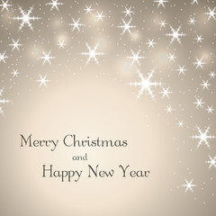 Merry Christmas beige decoration background with text. Stars, glitter and white winter snowflakes. Bright xmas card. Happy New Year celebration abstract pattern. Holiday design. Vector illustration