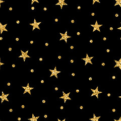 Stars polka dots seamless pattern gold and black retro background. Abstract bright golden design for wallpaper, Christmas decoration, confetti, textile, wrapping. Symbol holiday Vector illustration