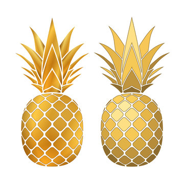 Pineapple gold icons set. Tropical fruit, isolated on white background. Symbol of food, sweet, exotic and summer, vitamin, healthy. Nature logo. 3D concept. Design element Vector illustration