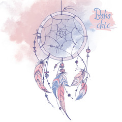 Dreamcatcher, Set of ornaments, feathers and beads. Native american indian dream catcher, traditional symbol. Feathers and beads on white background. Color rose quartz, serenity.