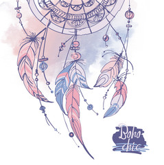 Dreamcatcher, Set of ornaments, feathers and beads. Native american indian dream catcher, traditional symbol. Feathers and beads on white background. Color rose quartz, serenity.