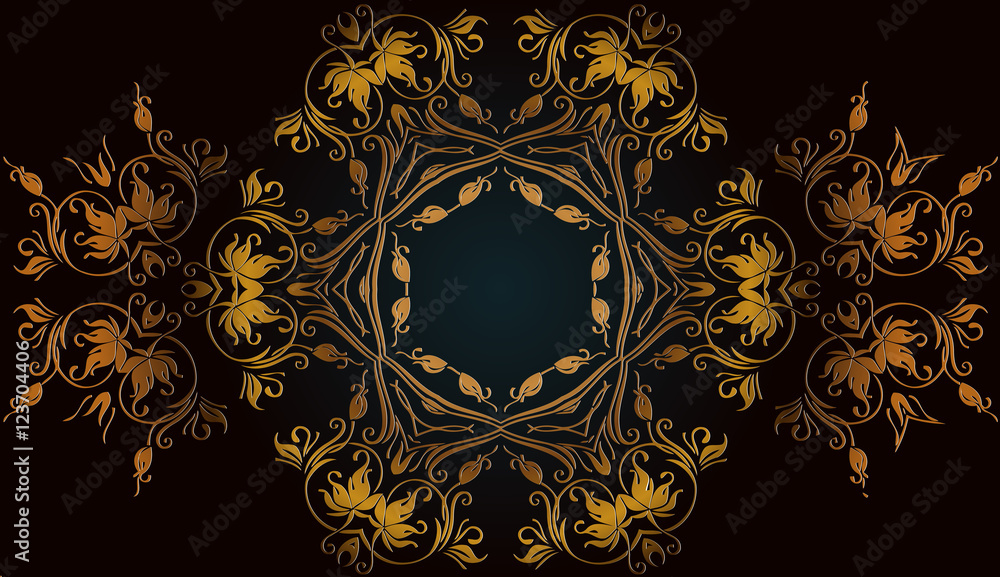 Poster abstract decorative floral pattern element of the weave embossed symmetrical shape bronze color line