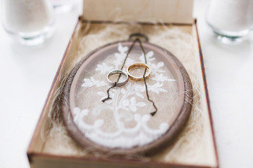 Wedding rings in a beautiful wooden box