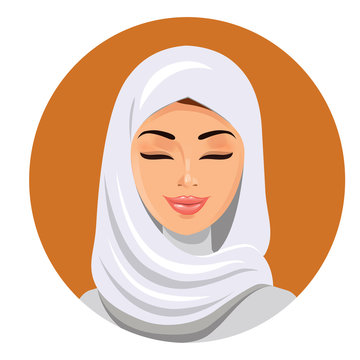 Beautiful muslim woman in hijab closing her eyes vector flat icon avatar.