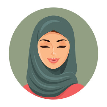 Beautiful muslim arab woman portrait in green hijab closing her eyes vector flat icon avatar.