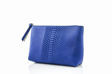 Blue leather cosmetic bag.