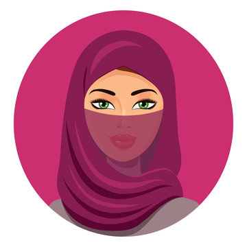 Beautiful muslim arab woman portrait using a red veil  vector flat icon avatar.