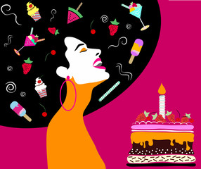 Happy woman laughing, with cake, cupcakes, ice cream, fruits .Wedding, anniversary, birthday, Valentin's day, party invitation concept. Vector