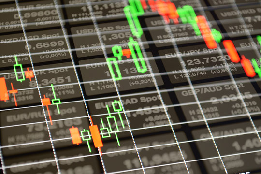 Finance, business, forex background. Collage with abstract candle chart and numbers. Forex board monitor with price currency. Stock exchange concept image for finance themes.