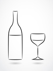 Bottle and glass of wine contour drawing 