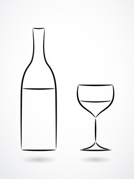 Bottle and glass of wine contour drawing 