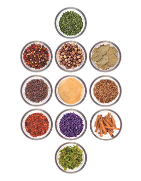 collection of spices on a white background