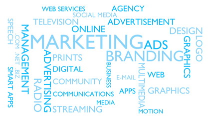 Fototapeta premium Marketing, branding word tag cloud - white, English variant, 3D rendering