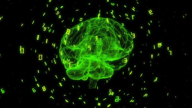 Abstract green digital computer brain in a cloud of numeric data