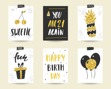 Cute doodle black and gold birthday cards