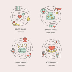 Charity and donation, volunteers needed concepts set for web banners, printed materials, infographics, websites. Creative icons in thin line flat design. Vector illustration eps10