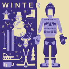 Set of unique winter clothes illustrations. Clipart collection with snowman, Christmas bell, reindeer, skiing, luge, skating, snowflakes and other. Vector elements for banner design of seasonal sell.