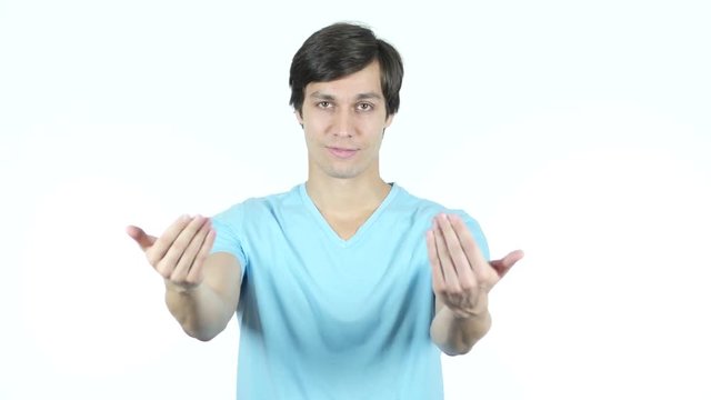 Join Us, Inviting Gesture by Young Casual Man, White Background