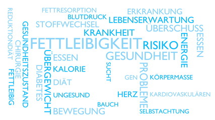 Fototapeta premium Obesity, health, medical, risk word tag cloud - white, German variant, 3D rendering